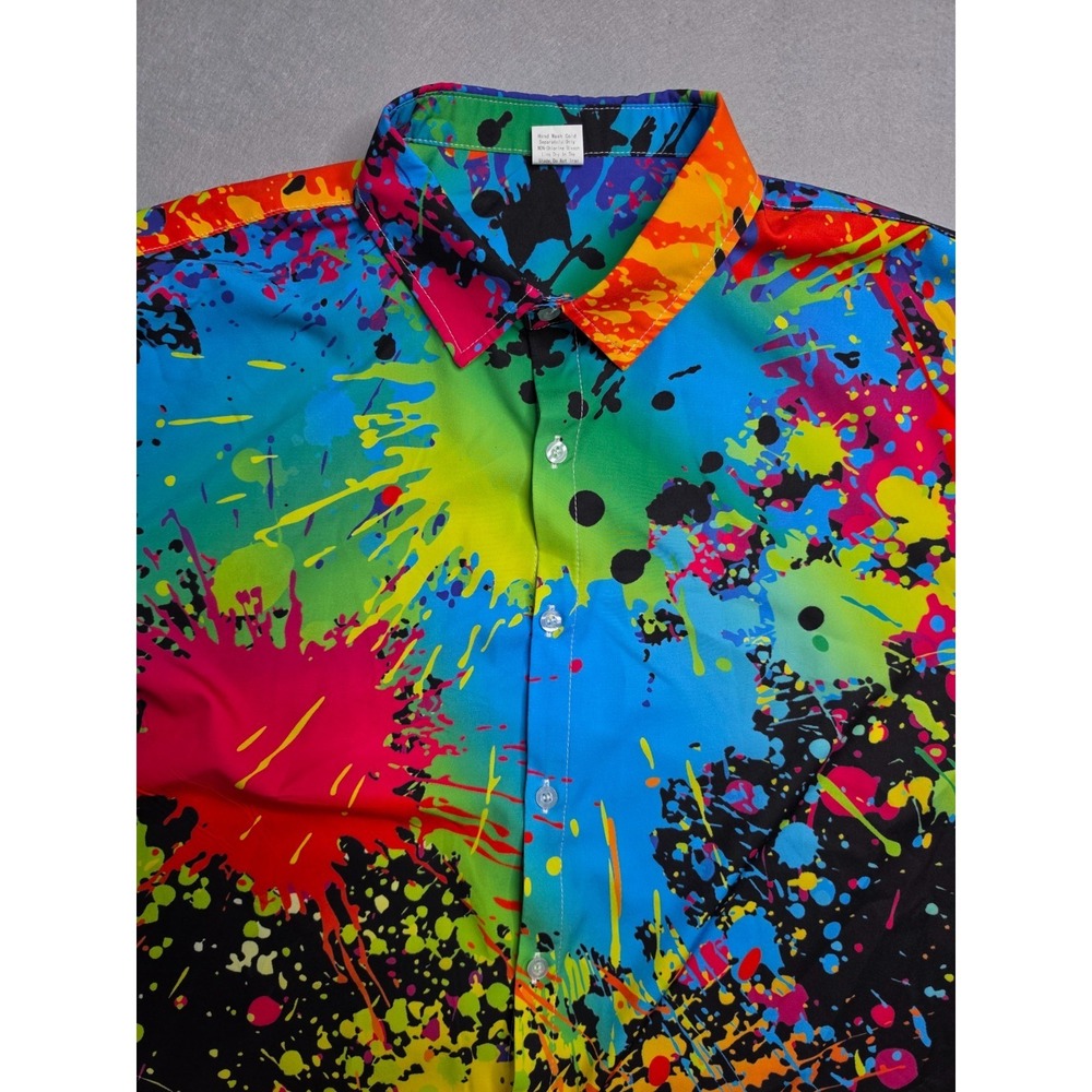Men's Hawaiian Shirt XL Multicolor Paint Splatter Stretch Short Sleeve Button-Up - Picture 3 of 7